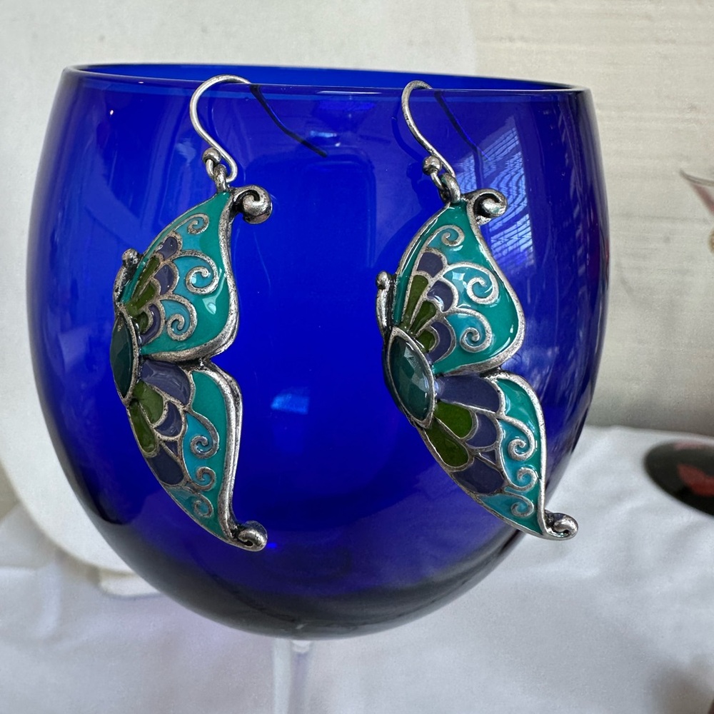 Silvertone enameled butterfly earrings - Picture 5 of 7